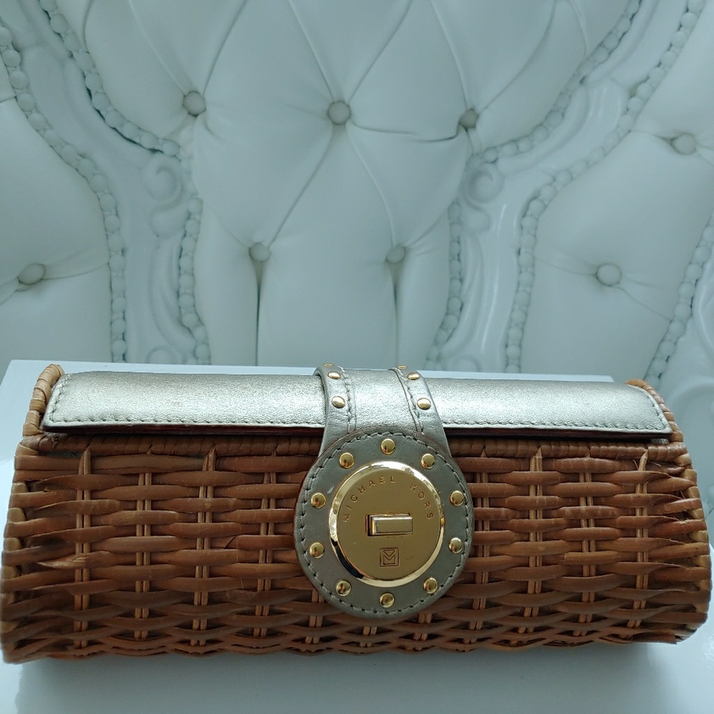Michael Kors Wicker and Metallic Leather Clutch